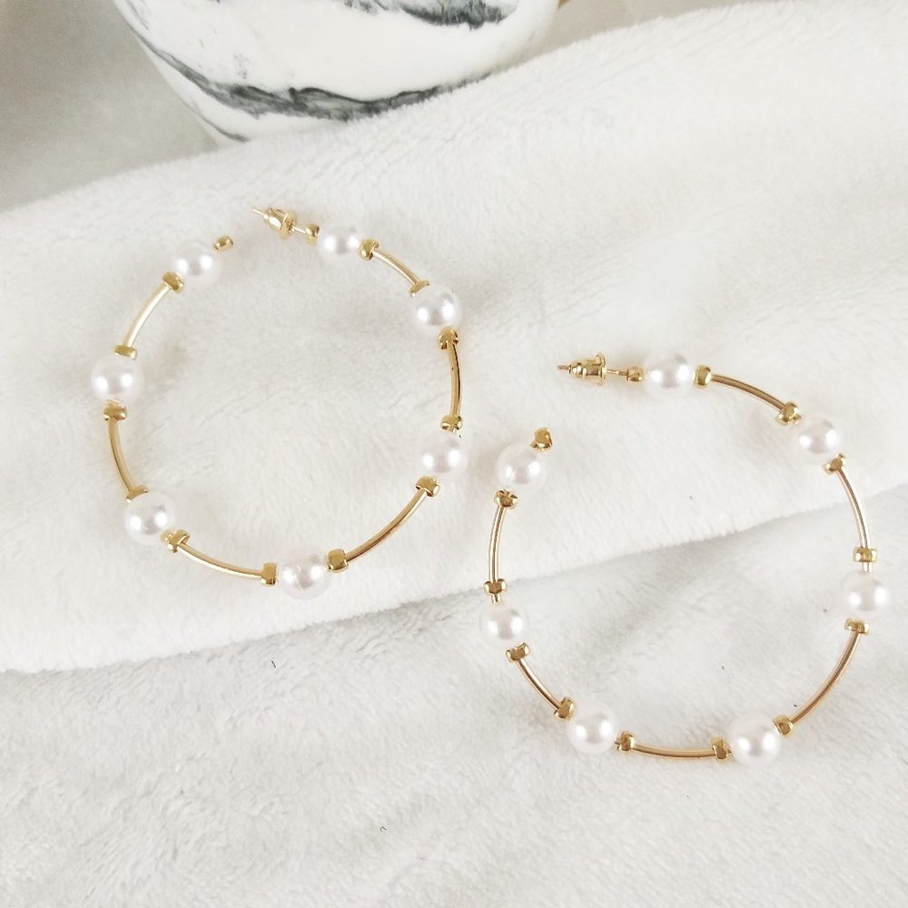 Faux Pearl Cuff Hoop Gold Earrings